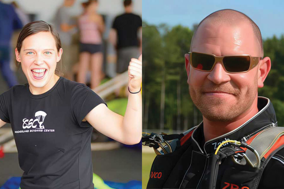 A woman in a black shirt smiles and gestures with enthusiasm indoors, while on the right, a man wearing sunglasses and a black jumpsuit stands outdoors, smiling. They're both involved in skydiving activities.