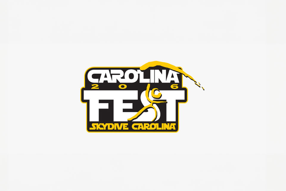 Logo for CarolinaFest 2016 with bold black and yellow text. A stylized figure of a skydiver is integrated into the design, and the text reads "CarolinaFest Skydive Carolina.