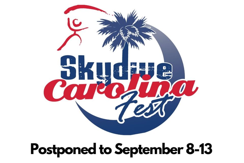 Logo for Skydive Carolina Fest featuring a palm tree and a red figure with a parachute. The event is postponed to September 8-13.