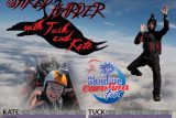 A skydiving event poster featuring a skydiver in freefall, wearing a helmet and camera. Text reads "Skydive Carolina Fest," with schedule details from May 26th to May 30th. Images of other skydivers are included in the background.