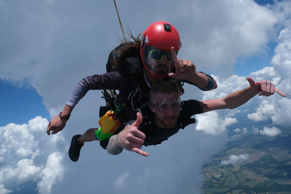 Two people are tandem skydiving against a backdrop of fluffy clouds and blue sky. Both are making "shaka" hand gestures, wearing parachute gear and helmets. The landscape below is partially visible.